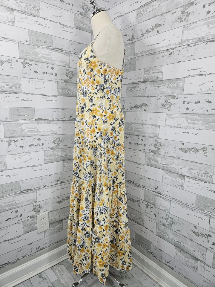 Joie Yellow Gray Floral V Neck Smocked Back Maxi Dress Tiered Skirt Womnes 8 - Image 4 of 4
