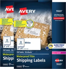 Avery Waterproof Labels with Ultrahold Permanent Adhesive, 2" X 4", Laser, 2-Pac