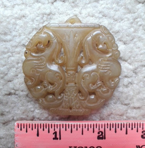 Antique Chinese hand-carved jade pendant netsuke : DRAGONS and VASE