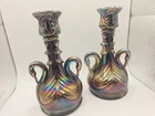 Fenton Amethyst Carnival Swan Candlestick Pair Vintage c.1972 With Sticker