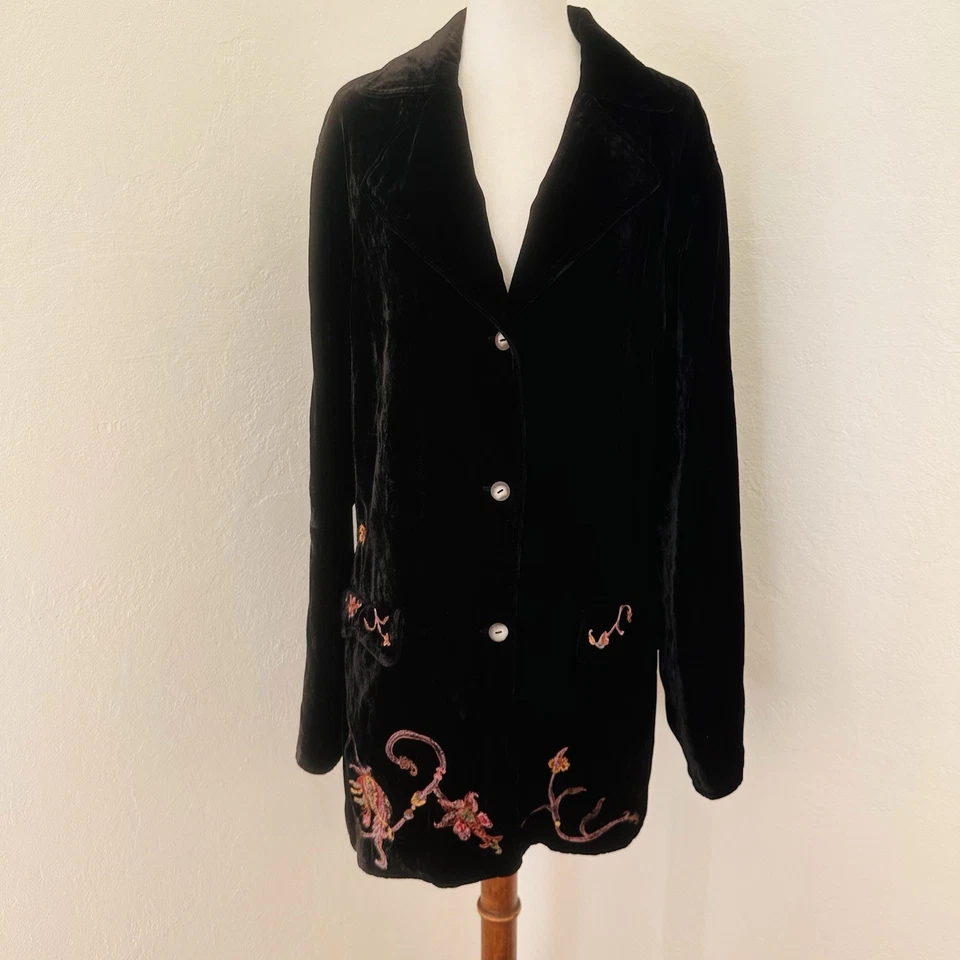 Chaqueta Blazer J. Jill Mujer XL Alta Negra Terciopelo Bordada Boho Elegante Foto 2 de 4