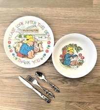 1981 Paddington Bear Silite Dinnerware Child  s Bowl, Plate and 3 piece Flatwar