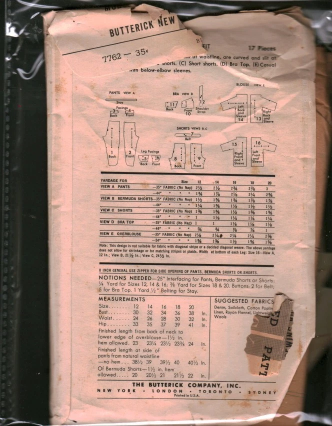 7762 Pantalones Cortos Sujetador Bermudas Vintage Butterick Patrón Costura Misses Años 50 Foto 2 de 2