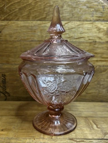 Vintage Anchor Hocking~Mayfair/Open Rose Pink Depression Glass Candy Dish w/lid