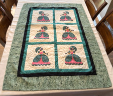 Vintage Maiden Girl Floral Baby Quilt Machine Stitched 51"x38" Green Pink