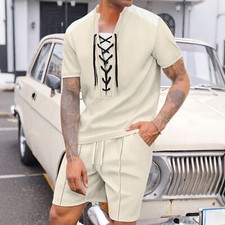 Mens Outfit 2-Piece Set Short Sleeve Button Down Shirts and Shorts Sweatsuit Set