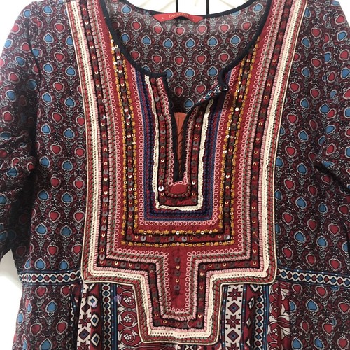 Vtg Indian Ethnic Cotton Gauze Maroon Tunic Boho Peasant Dress Short Sleeve Lrg - Picture 2 of 10