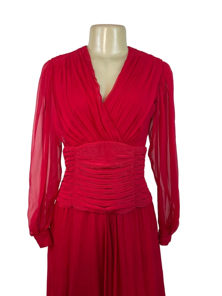 Винтажный красный длинным рукавом шифоновое платье со складками надежном лиф Sz 10 - Изображение 4 из 4