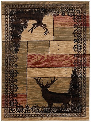 Woodgrain Area Rug Lodge Cabin Deer Buck Doe Antlers Beige *FREE SHIPPING*