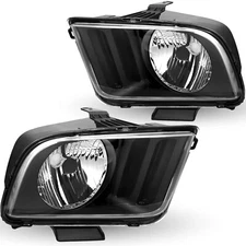 For 2005-2009 Ford Mustang Halogen Style Black Headlights Assembly Headlamps L+R