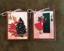 5 NEW Handcrafted Wood RETRO CHRISTMAS Ornaments, HangTags, GiftTags SET-R4