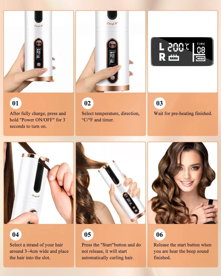 CkeyiN Cordless Ceramic Curling Iron, Automatic Hair Curler,USB Rechargeable,LCD - Image 3 of 4