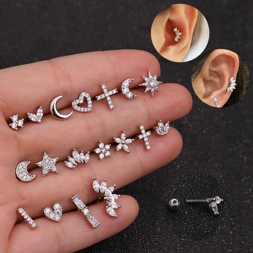 Crystal Tragus Helix Cartilage BAR Screw In Earring Flat Back Labret Monroe - Picture 1 of 9