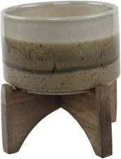 Flora Bunda 5 Inch Ash Finish Ceramic on Wood Stand Mid Century,Grey 5"