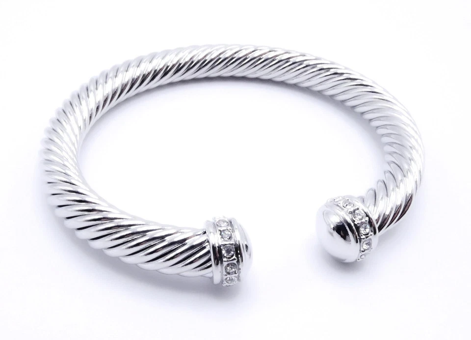 GORGEOUS Artisanal Unique Silver Twisting 12mm Cable Crystals Tip Cuff Bracelet - Image 2 of 4