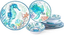 12-Piece Melamine Beach Dinnerware Set, Coastal Plates and Bowls Sets, Oceanic S