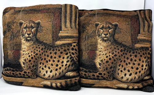 Two Pompeii Cheetah Elaine Vollherbst Tapestry Throw Pillows Safari 16" x 16" - Picture 2 of 4