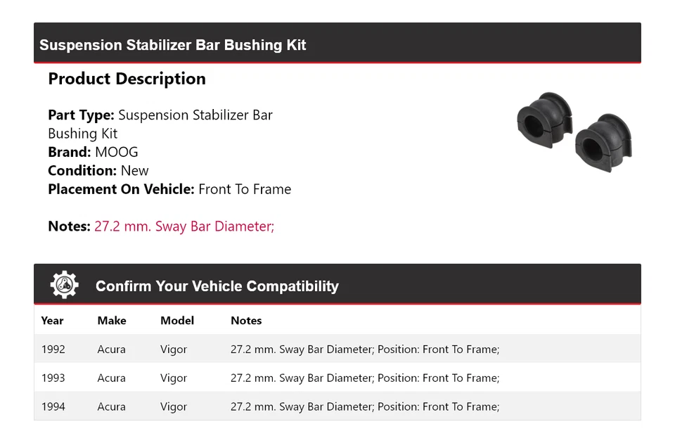 Комплект втулок стабилизатора подвески для Acura Vigor 1992-1994 годов выпуска MOOG 1992 1993 - Изображение 2 из 4