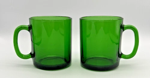 VTG Emerald Green Glass Mug Set of 2 w/ Handle, France, 3.5" tall & 3" diameter