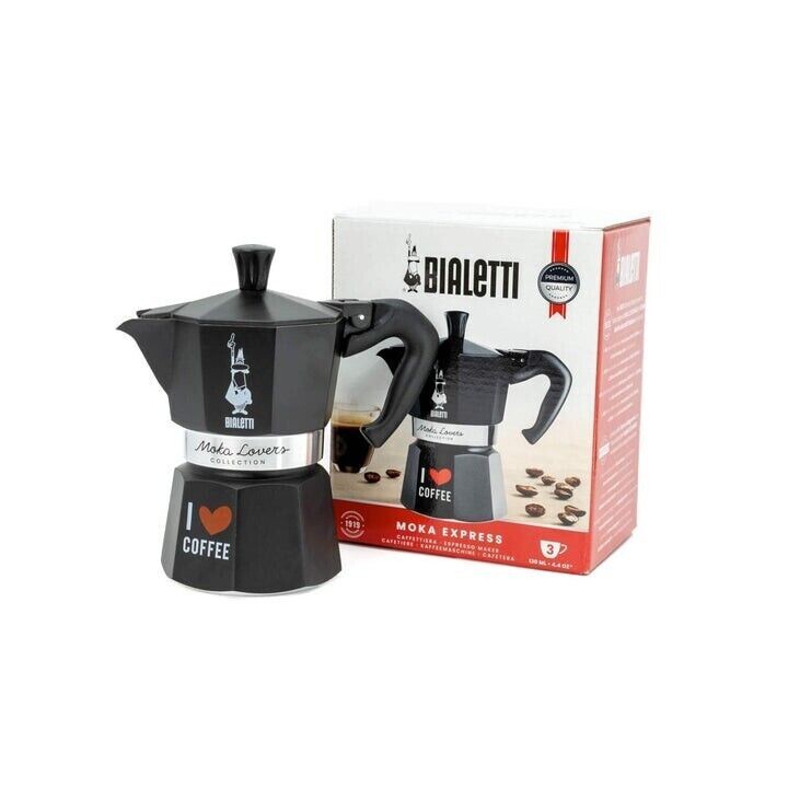 Bialetti Moka Express 3 CUP I LOVE COFFEE Maker BLACK Stovetop Percolator Ltd.ed