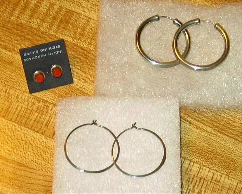 Pendientes vintage artesanales de plata de ley y coral - aros y tachuelas - 3 pares Foto 2 de 4