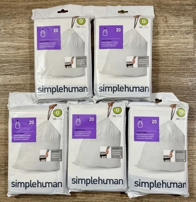 SIMPLEHUMAN CUSTOM FIT TRASH CAN LINERS CODE G 30L 8G 100CT (5 BAGS 20 CT EACH)