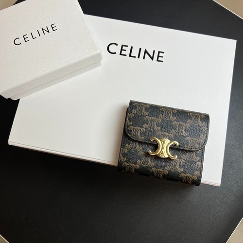 Celine Triomphe Wallet Brown Monogram Canvas Compact Bifold Wallet Gold Logo