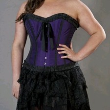 Lily overbust corset purple taffeta w/ black piping and frills Steel Boned