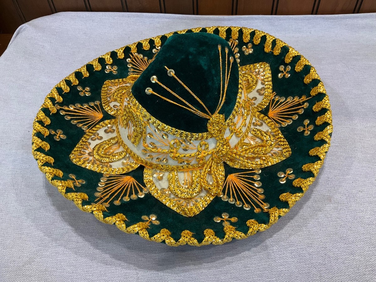 Ju-la Mexican Sombrero Dark Green & Gold Well Made Hat Head 7\