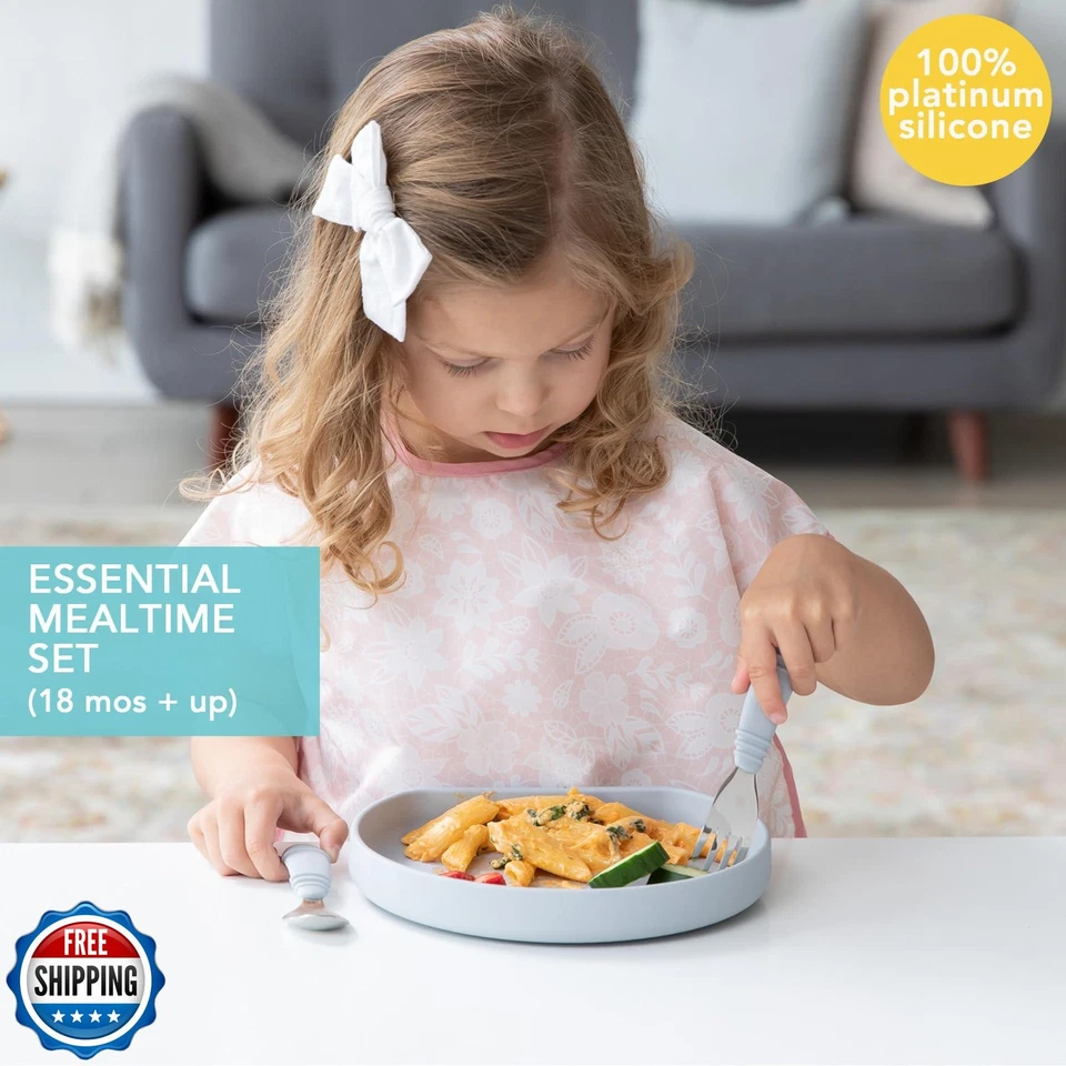 Bumkins - Placa de agarre de silicona, tenedor y cuchara y tapa - Para edades 18 meses+ - Foto 3 de 4