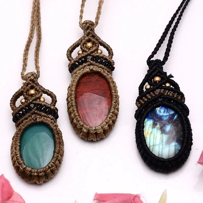 Set Aus 3 Anhängerhalsketten Natur Mix Edelsteine Boho Makramee Reiki - Bild 1 von 4