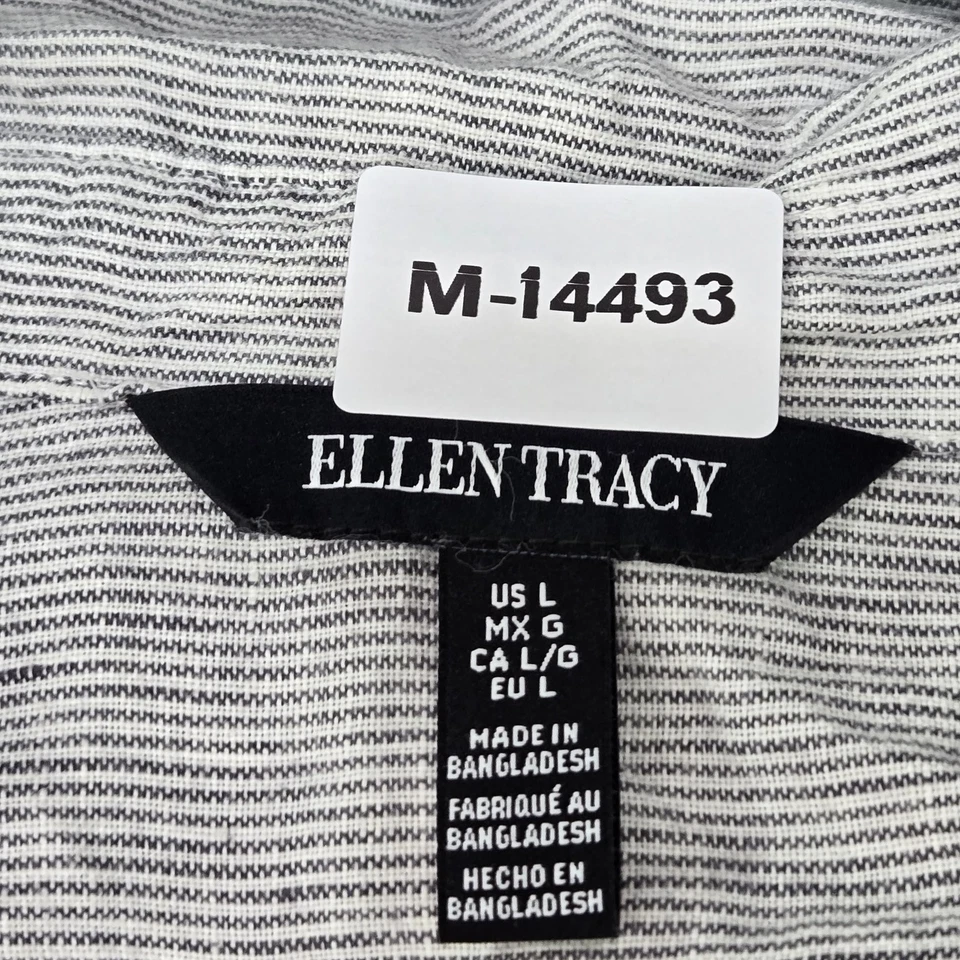 Camisa abotonada Ellen Tracy para mujer L gris lino rayas lengüeta enrollable cuello Foto 2 de 4