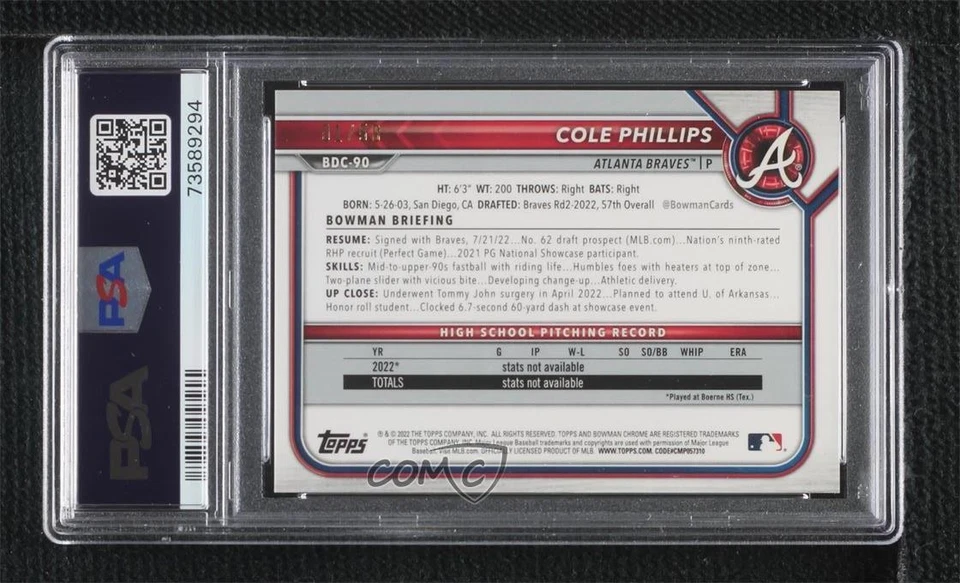 2022 Bowman Draft Chrome Gold Refractor /50 Cole Phillips #BDC-90 PSA 9 MINT - Image 2 of 2
