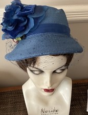 Vintage Blue Straw Flower Cloche Hat
