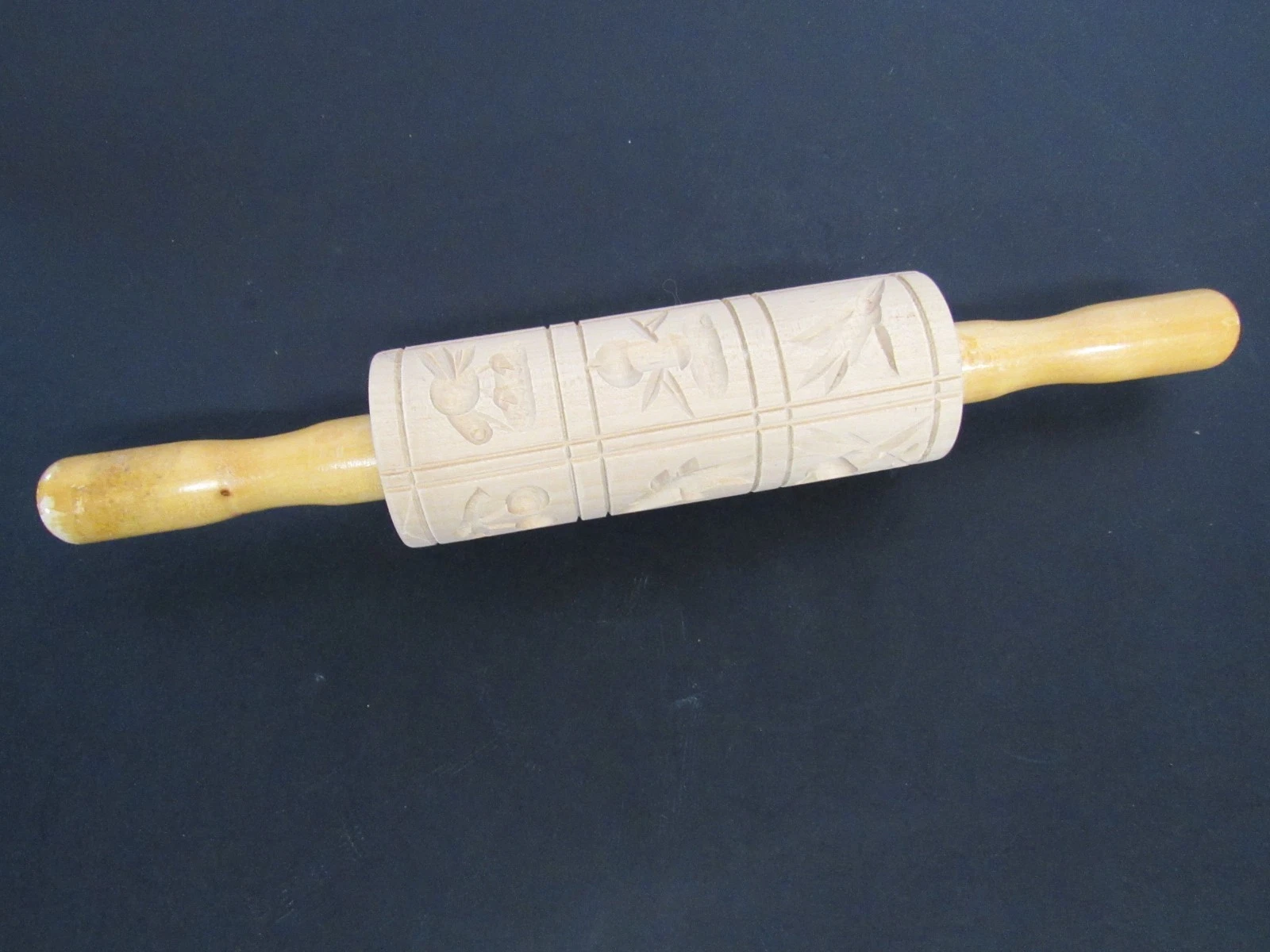 Vintage 13" Wooden Cookie Press Mold Rolling Pin w/ Birds, etc.