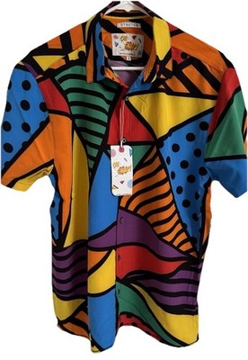 Oh Snap Shirt Mens L Blue Red Yellow Color Block Geometric Drill Button Up