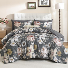 King Comforter Set 7 Pieces Bedding Sets,Gray Floral Comforter and Sheet Set,Sof