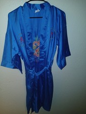Vintage Silk Kimono Robe Gown Blue Embroidered Dragon