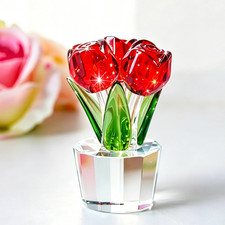 3.2in Crystal Red Rose Bouquet Figurines Glass Flowers for Her