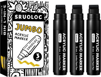 3 Jumbo Permanent Markers Black, 15mm Thick Wide 1 Count (Pack of 3), Black 