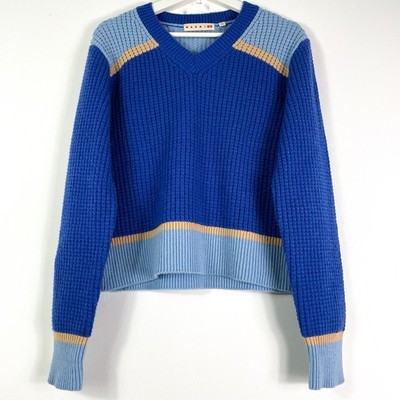 Marni Uniqlo Pullover Strickpullover Gr.XL Damen Blau Beige Grobstrick V-Neck