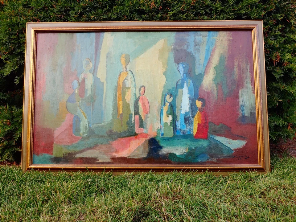 The Stage - Dawn Schneiter - Large Abstract Oil Painting MCM - 1969 Canada - Image 3 of 4