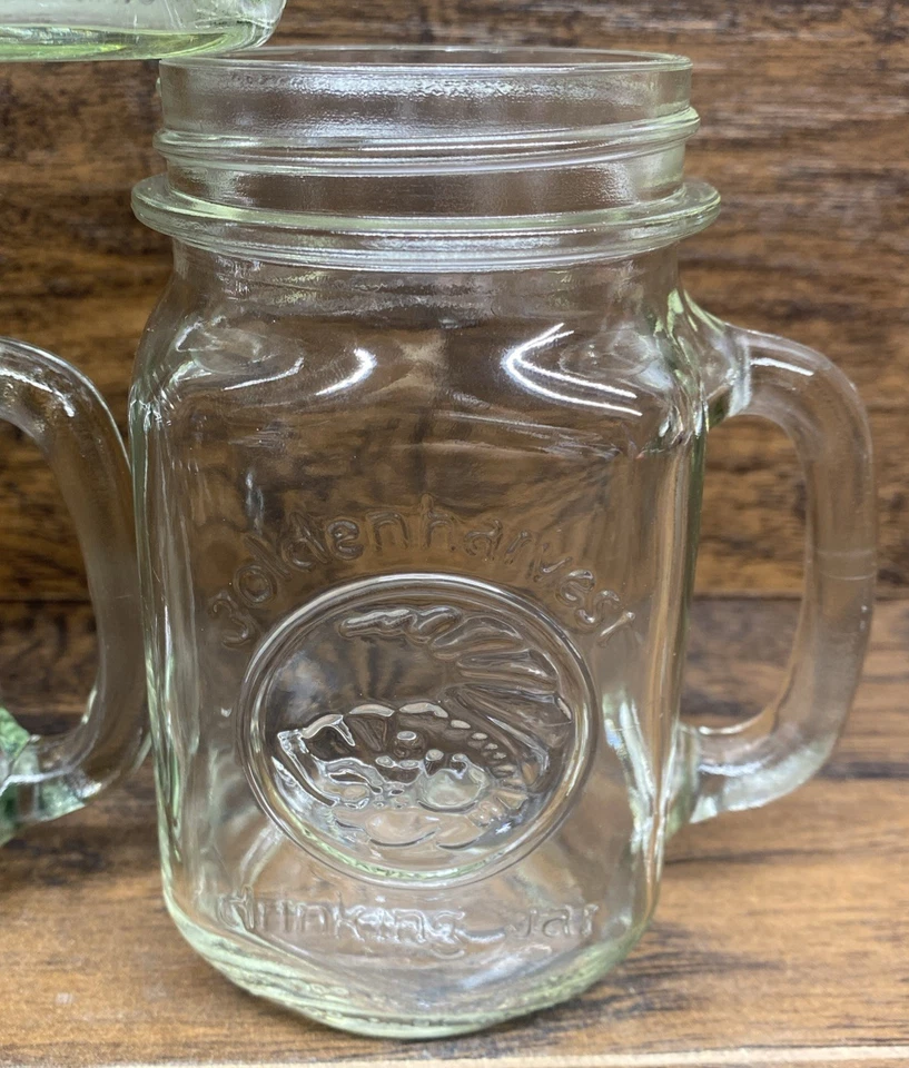 Juego de 3 tazas de beber vintage Golden Harvest Ball / Mason Jar - vidrio verde dorado Foto 3 de 4