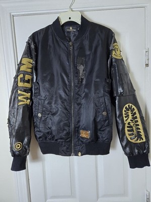 A Bathing APE Black Leather Ma-1 Gold Shark Bape Military Jacket Men's M READ