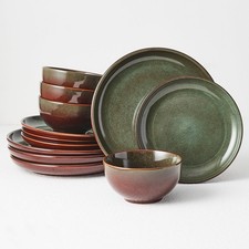 Stoneware Dinnerware Sets Service for 4, 12 pcs Reactive Glaze Plates and Bow...