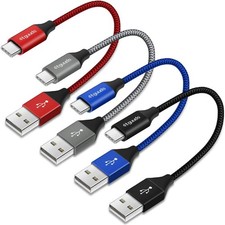  4-Pack, 1ft Short USB Type C Cable 1ft,1ft,1ft,1ft, Red, Gray, Blue, Black