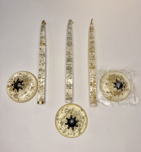 6pc Vintage MCM Clear Gold Silver Flakes Lucite 9.5” Candles Pair & Holders