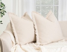 Throw Pillow Covers 18x18 Set of 2 Striped with Fringe Farmhouse Khaki