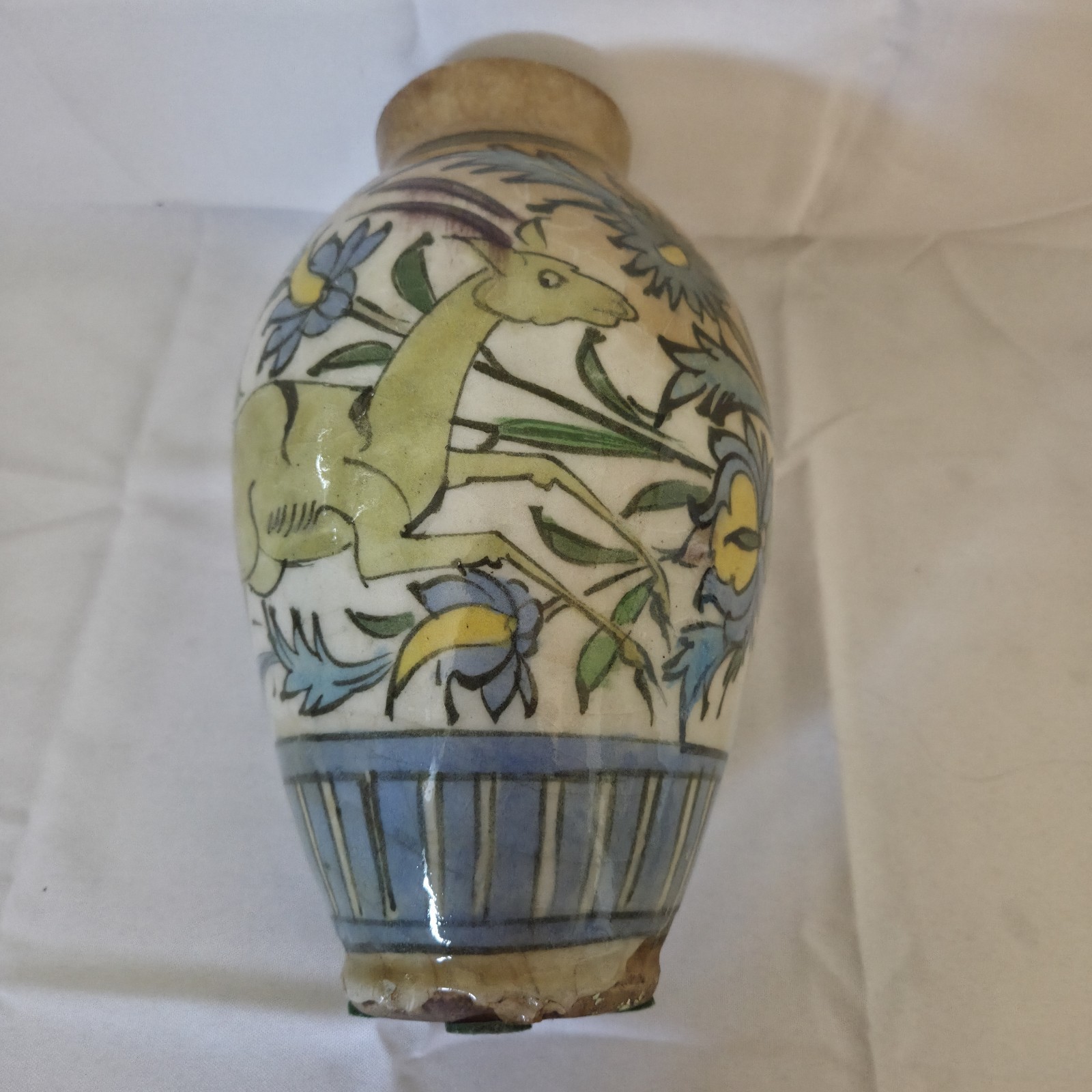 Antique Persian Middle Eastern Qajar Pottery Vase Jar Gazelle Flowers 