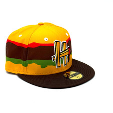 Cappello cheeseburgers a vapore Hartford Yard Goats MiLB logo patatine fritte taglia 7 1/4 New Era